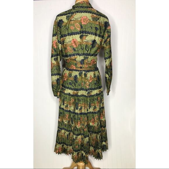 Vintage 50s/60s Pleated Skirt Set Green Navy Floral Women's Medium - Picture 4 of 4